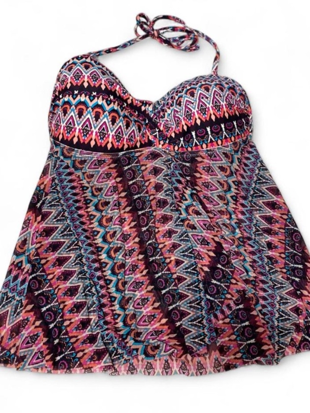 Kona Sol Boho Tribal Print Halter Tankini Swim Top | Medium